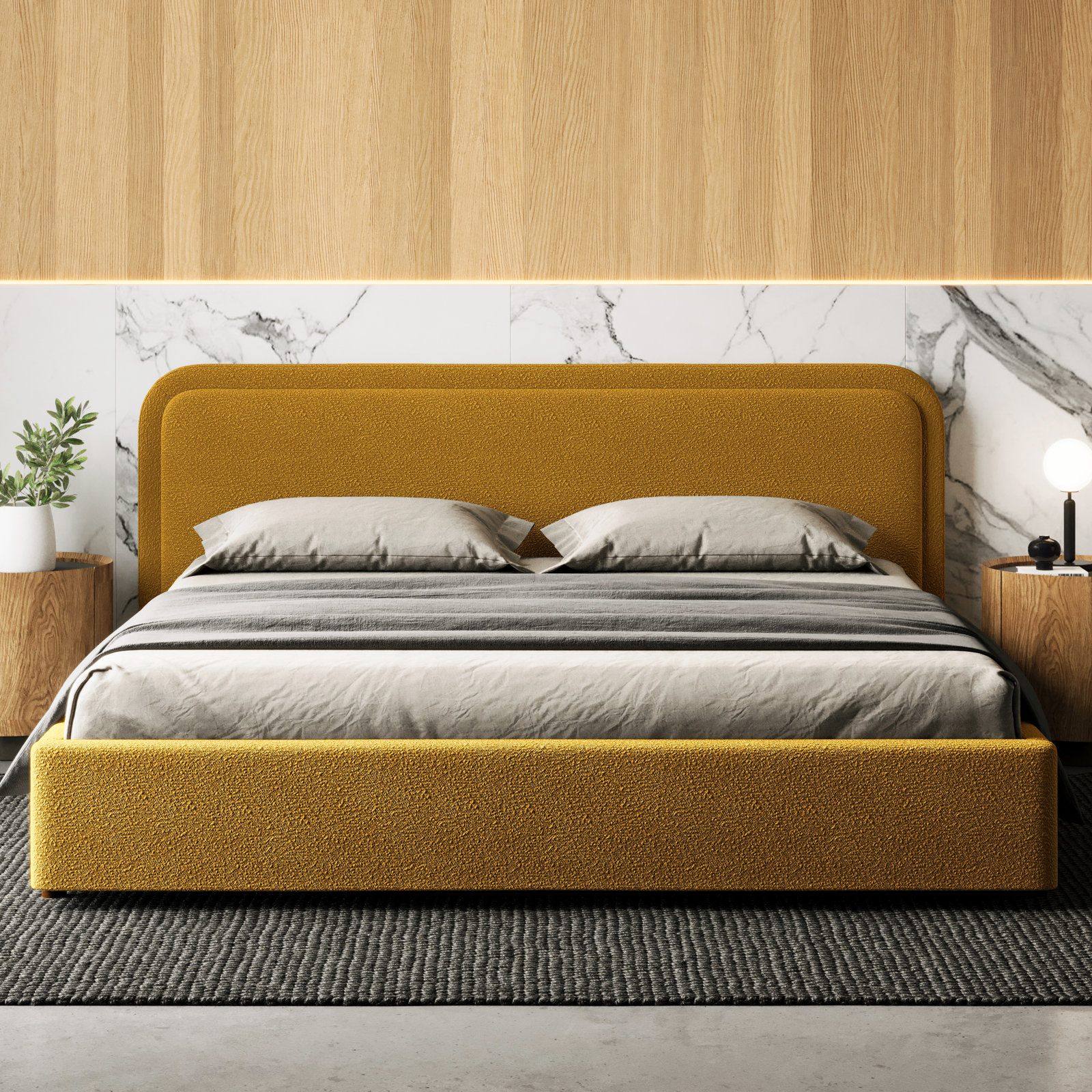 Baneza Platform Bed, King, Mustard Boucle