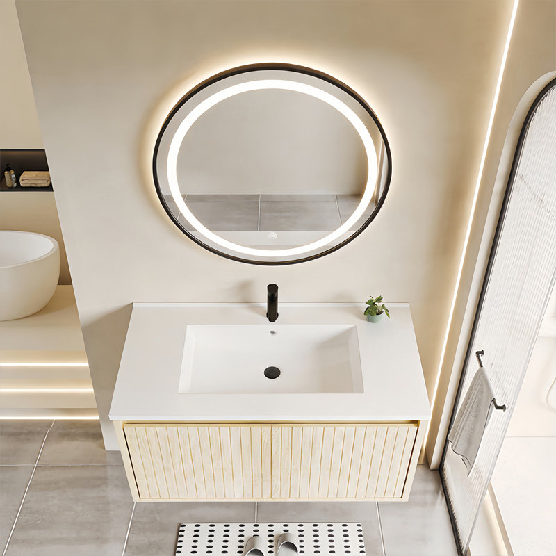 Meuble-lavabo mural 30 po avec tiroir divisé, façade verticale texturée et design flottant, Chêne