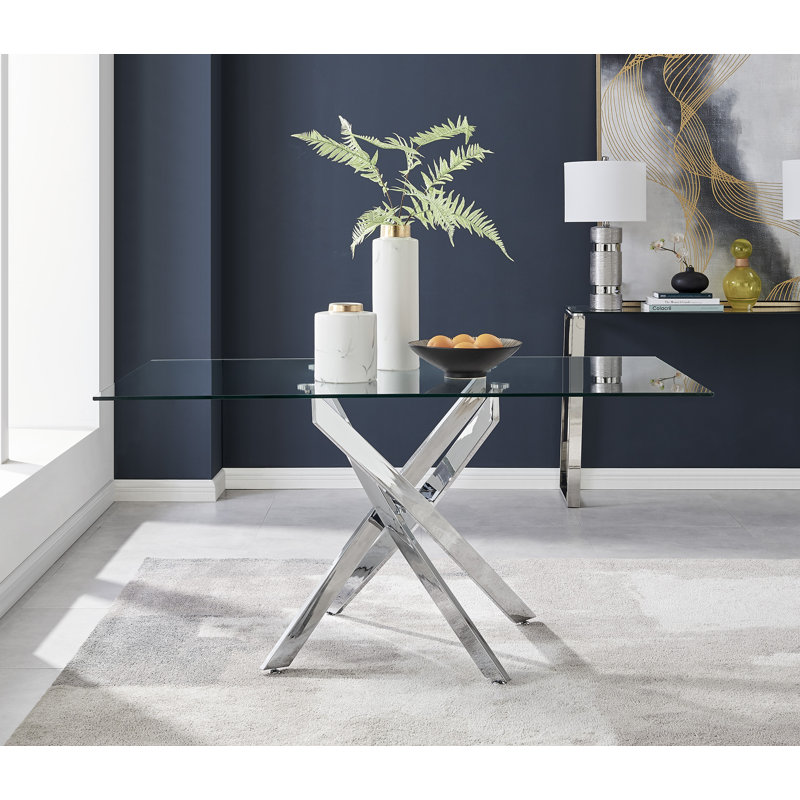 Lenworth Modern Chrome Metal and Glass Dining Table Set 6 Faux Leather Dining Chairs, Elephant Grey