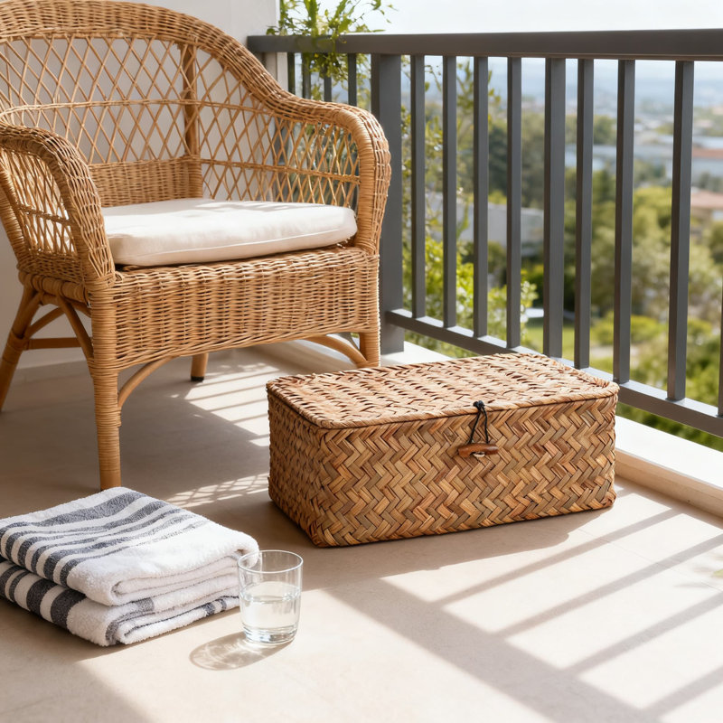 Panier de rangement en ruppie tissée à la main avec couvercle, bac de rangement rectangulaire en osier pour la maison et le bureau