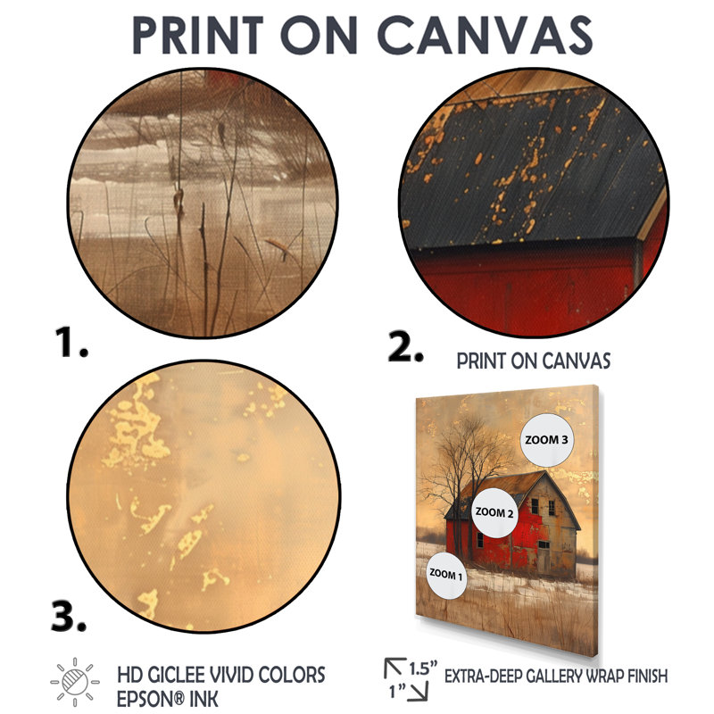 Gris et rouge, automne rétro, grange, art mural, H 32 po x l 24 po x P 1 po, Toile tendue