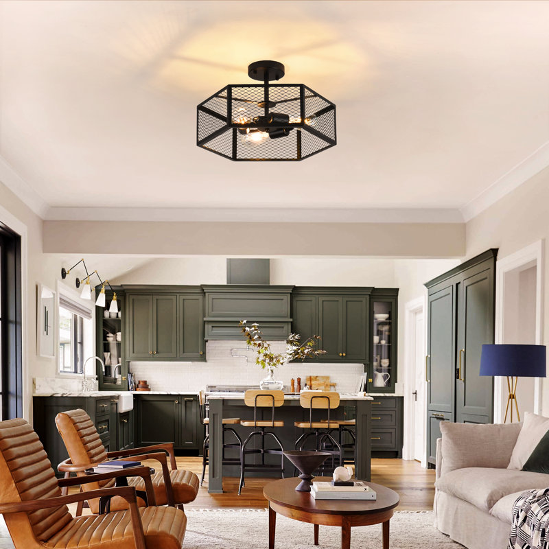 3-Light Farmhouse Drum Black Caged Semi Flush Mount