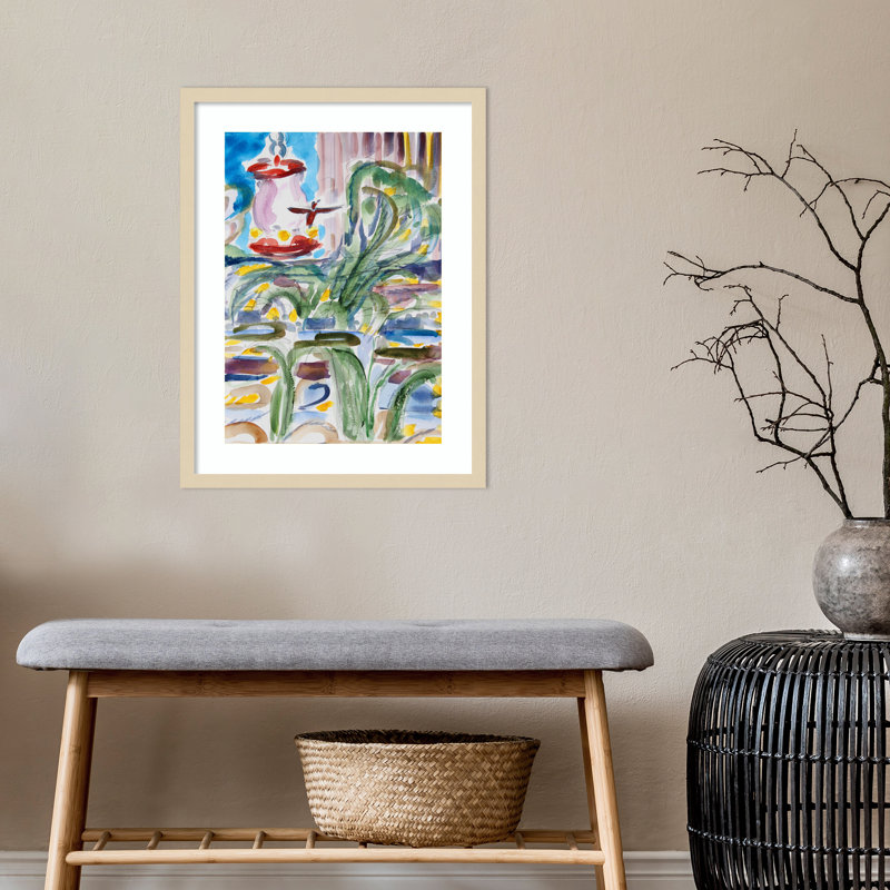 Hummingbird and Lily Pond, encadré sur papier par impression, Brun, H 25 po x l 19 po x P 1 po