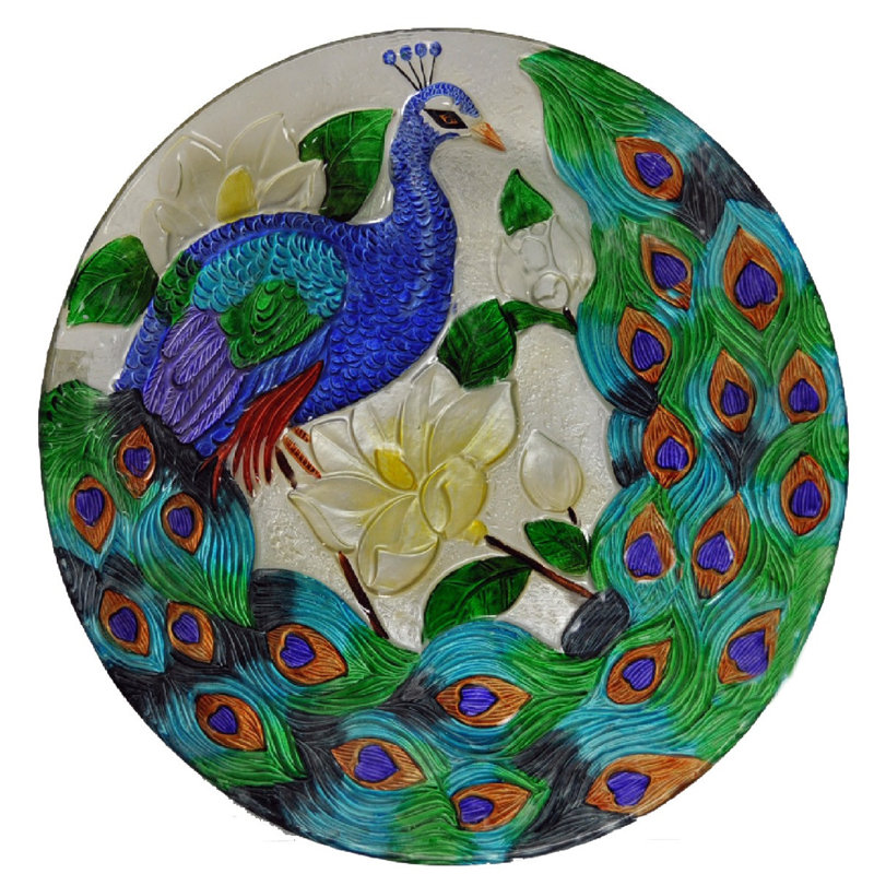 Assiette à paon en verre 18 po et bain d'oiseaux