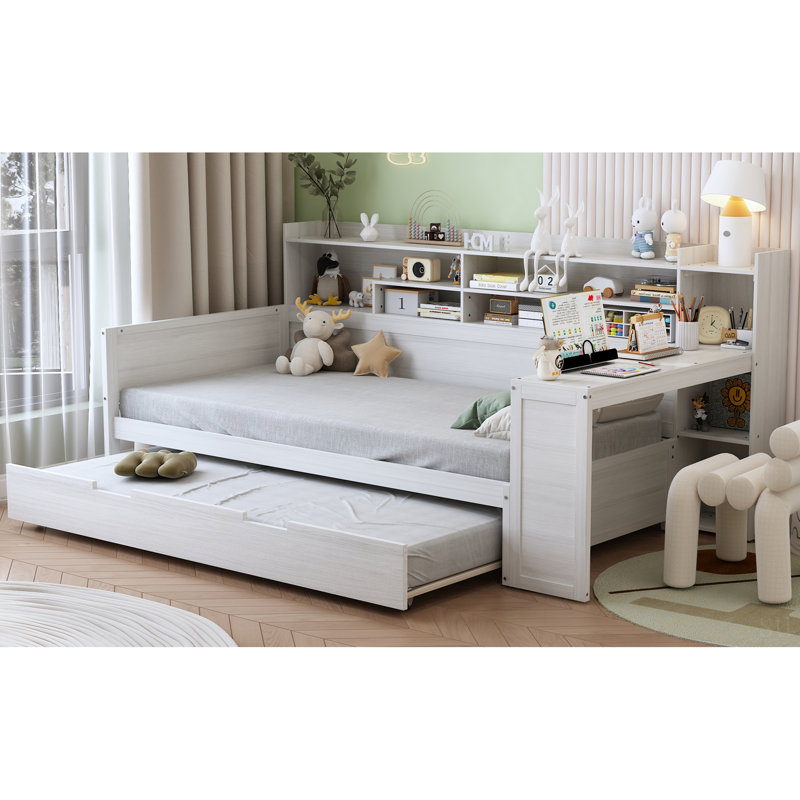 Wooden Twin Size Daybed With Storage Shelves, Multi-Functional Bed With Twin Size Trundle And Study Desk, Antique White
