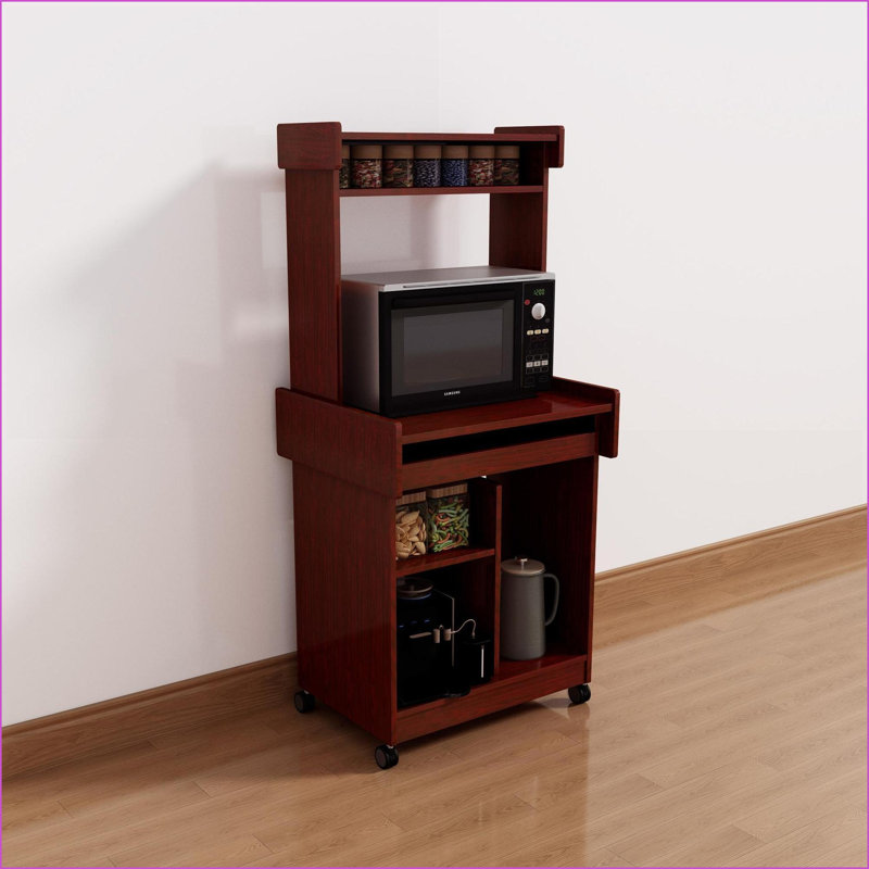 Kitchen Cart with Hutch, Gliding Shelf &amp; Locking Castors, Mahogany | Mahogany | Particle Board+MDF