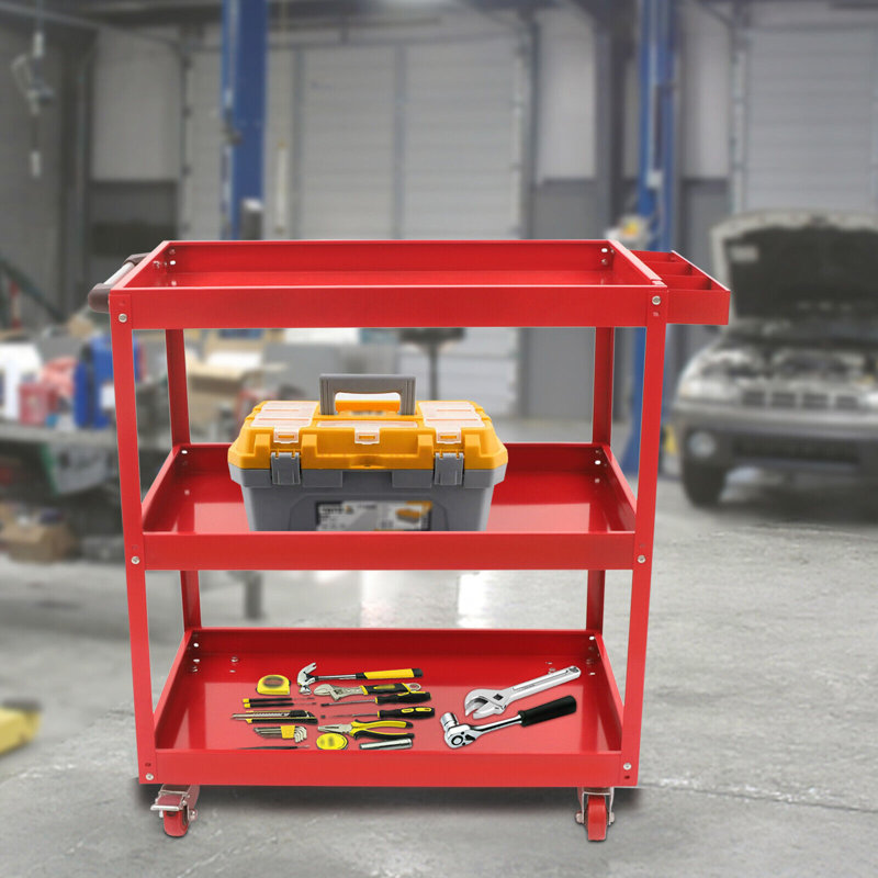 30.5" Heavy Duty Industrial Service Cart 3 Tier Rolling Tool Cart Steel Utility Cart, Red