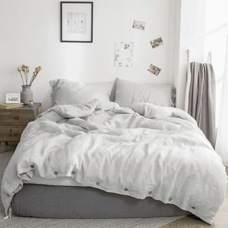100% Belgian Flax Linen Duvet Cover -1 Duvet Cover , Pillowcases,Breathable Farmhouse Comforter Cover With Coconut Button Closure