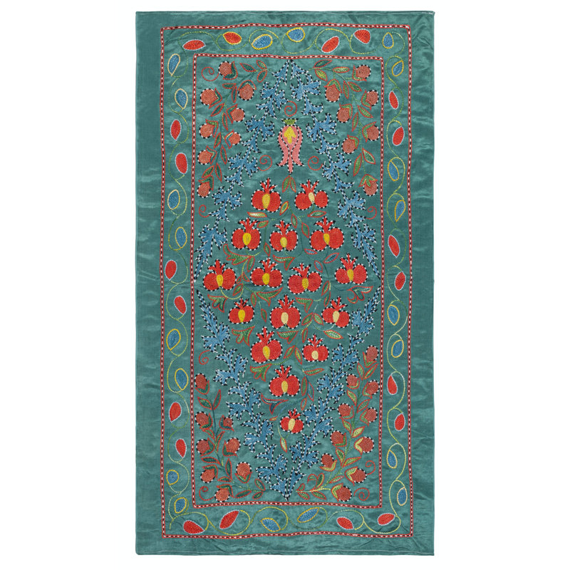 20x37 in Embroidered 100% Silk Wall Hanging. Modern Tablecloth. Boho Wall Decor. Teal Blue Throw