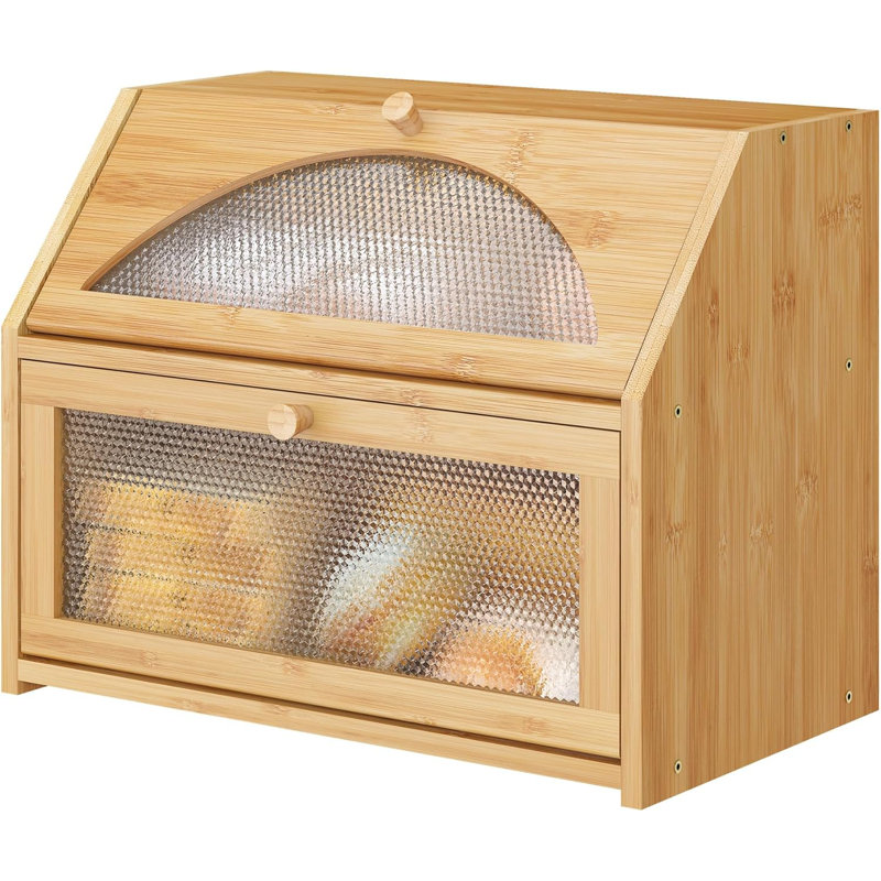 Bread Box, Bamboo Wood Bread Box For Kitchen Counter, Double-Layer Bread Storage Bin, Acrylic Glass With Diamond Patterns (Natural)