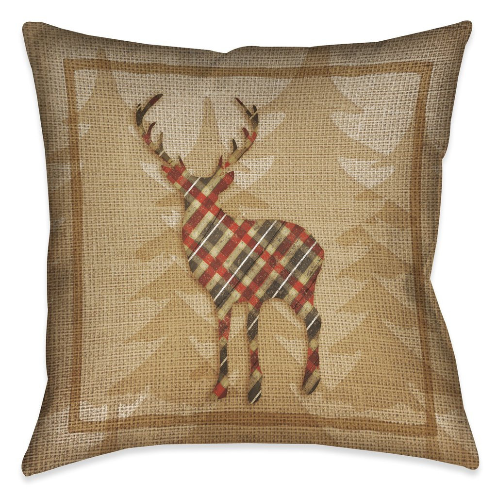 Country Cabin Deer Plaid Bear Plaid Outdoor Throw Pillow Laural Home
