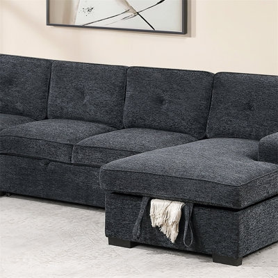 Canapé modulaire moderne en chenille capitonné gris foncé 4 pièces avec rangement et méridienne