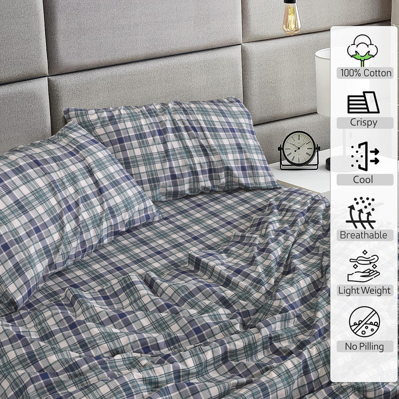 100% Cotton Sheets Sets Soft Crispy Percale Cooling Sheets 16 Inch Deep Pocket Bed Sheets, Greenish Blue Plaid