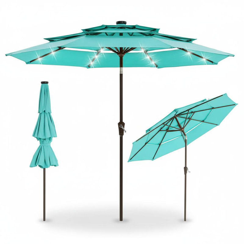 10ft 3-Tier Outdoor Patio Umbrella，24 LED Lights，Vented Canopy，8 Reinforced Ribs，Turquoise Blue, Teal