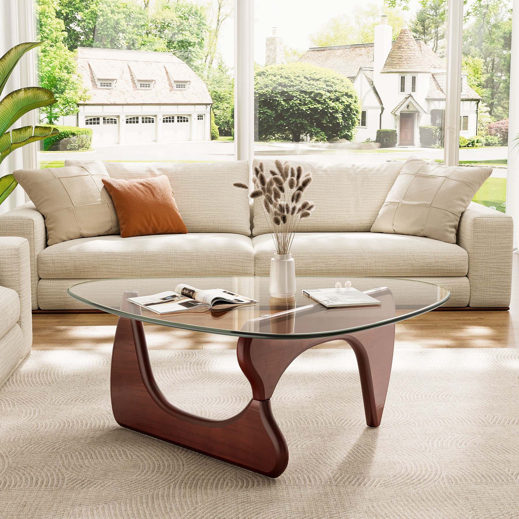 George Oliver Modern Triangle Glass Coffee Table With Tempered Glass Top And Solid Wood Base