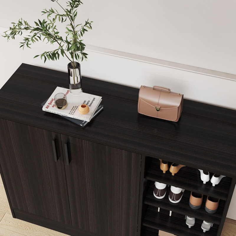 Hokku Designs Shoe Cabinet, 4-Tier Shoe Rack With Doors And Open Storage Shelf, Obsidian Wood