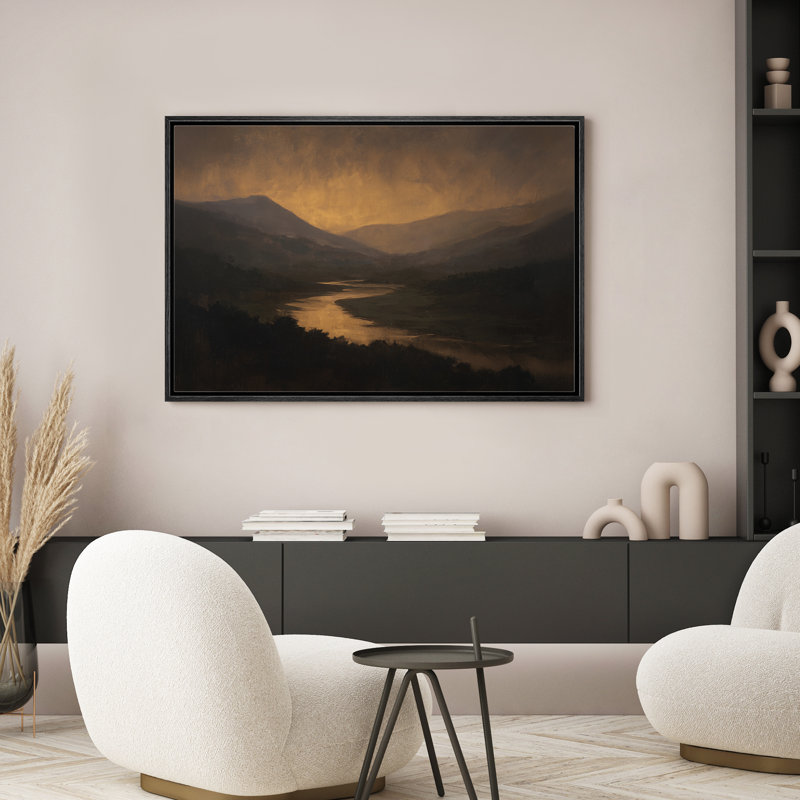 Moody Mountain Valley River Sunset Landscape Wall Decor for Living Room encadrée, reproduction d'art sur toile encadrée, Noir