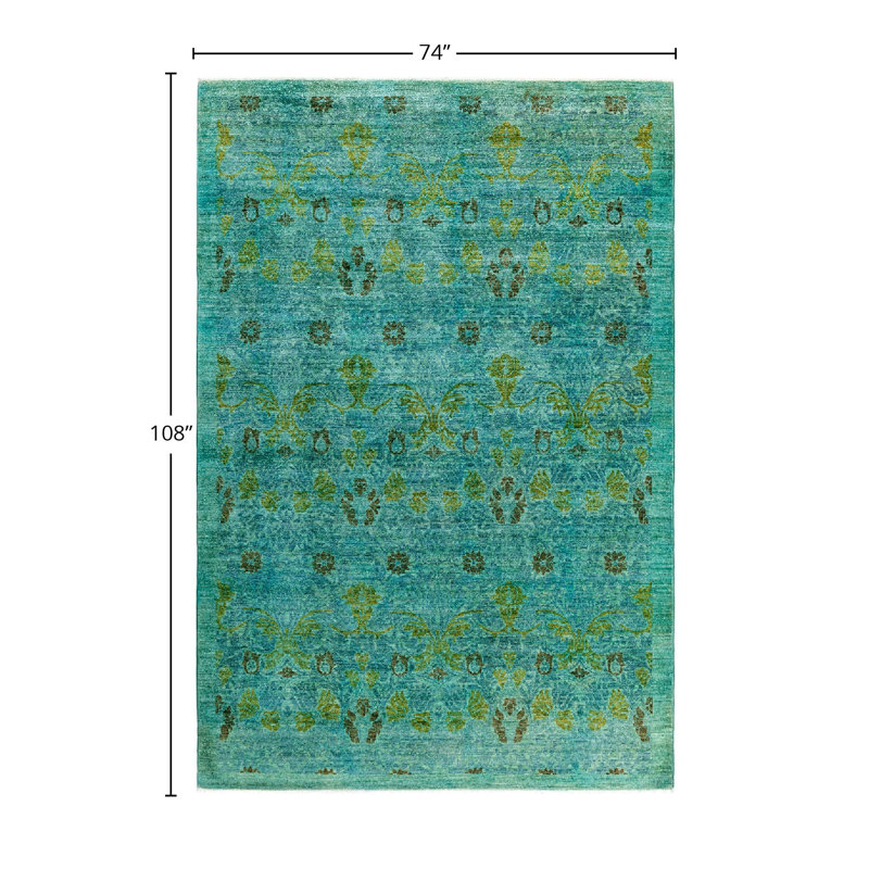 Tapis unique bleu / vert / brun de 6 pi 2 po x 9 pi Overdyed
