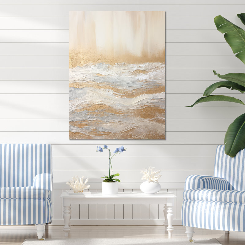 «Modern Coastal Beige And Gold River V», art mural sur toile plage et océan, Toile tendue, 32" H x 16" W