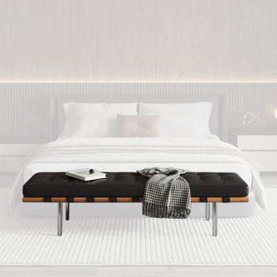 Italian‑Style Solid Wood & Stainless‑Steel Leather Bench for Bedroom & Living Room