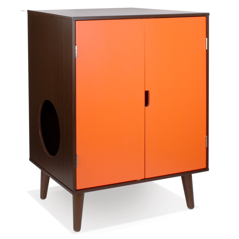 Mid-Century Modern Brown and Orange Engineered Wood Cat Litter Cabinet