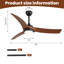 Ventilateur de plafond noir 52 pouces avec 3 pales en grain de bois foncé et télécommande à intensité variable et minuterie 1H / 4H / 8H
