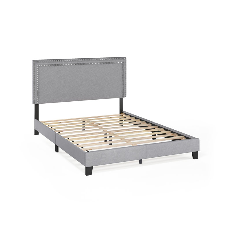 Lit plateforme tapissier à profil bas Carlester, Grand, Glacier, 100% polyester