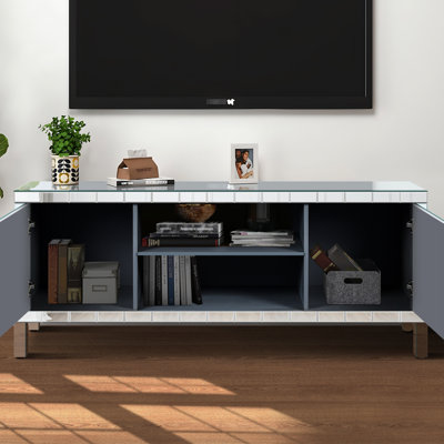 Mirrored Sliver Tv Stand, 65-Inch+ Tvs With 2 Storage Cabinets & Open Shelf, Modern Living Room Feature Table Fit Storage, Contemporary Accessory
