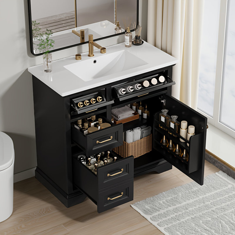 Meuble-lavabo autoportant de 36 po avec comptoir en céramique avec 4 tiroirs, porte à fermeture en douceur et trous de robinet pré-percés de 8 po (noir)