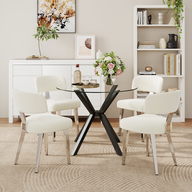 35.4" Round Stainless Steel And Glass Dining Table Set For 2–4 People, Modern Luxury Kitchen Table With Metal Legs And Sturdy Bouclé Chairs, Comfortable And Stylish Dining Furniture For Small Spaces
