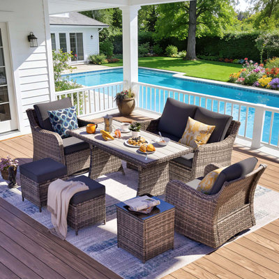  7 Pieces Outdoor Patio Furniture Set, Wicker Patio Conversation Set With Swivel Chairs, Patio Sectional Furniture Set With Loveseat, 2 Ottomans And Dining Table (Grey)