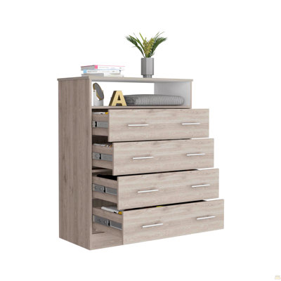 Peru L Four Drawer Dresser, Superior Top, One Open Shelf -Light Gray / White
