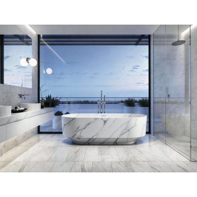 Baignoire de trempage autoportante à surface solide de 67 po, blanche avec veines grises, baignoire ovale moderne en résine de pierre (TLWGD01-67MW)