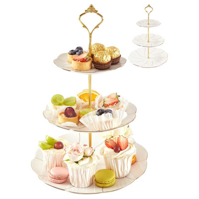 Luxury 3-Tier Porcelain Cupcake Stand Golden Trim British Style Dessert Display Tray