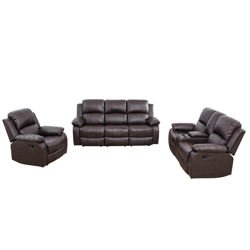 Ensemble de canapé inclinable 3 pièces brun semi-PU et PVC avec rangement et table basse réversible