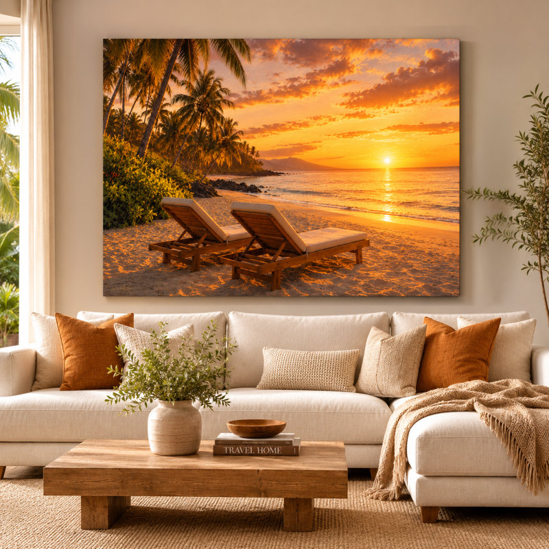 Coucher de soleil sur une plage, station balnéaire tropicale, art mural, 36"H x 48"W x 1.5"D
