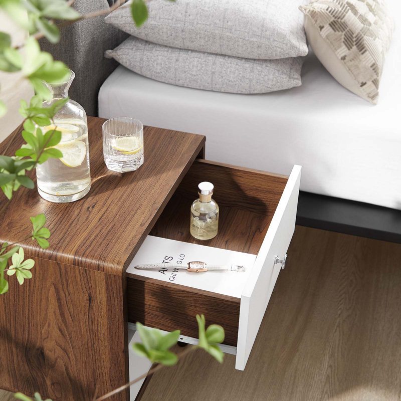 Walnut and White 2-Drawer Mid-Century Modern Nightstand
