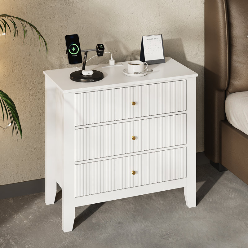 31.7'' W Fluted Nightstand with Charging Station, White