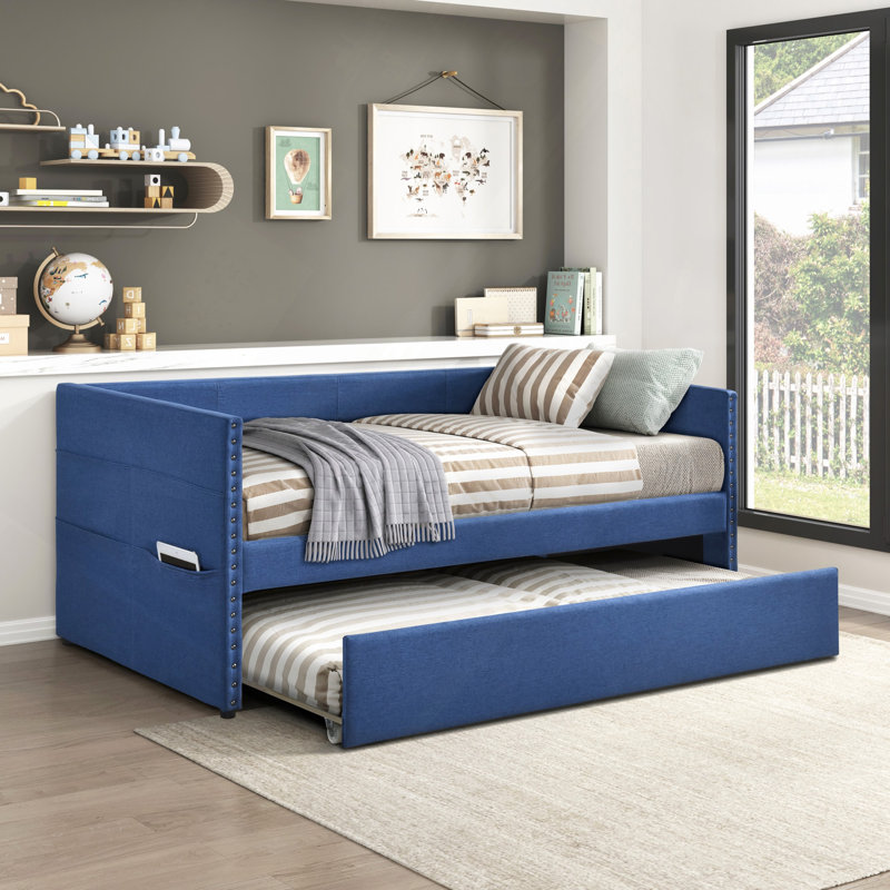 Daybed Pull-Out Trundle Side Pockets Upholstery Nailhead Trim Bedroom Living Room Furniture 1Pc, Blue