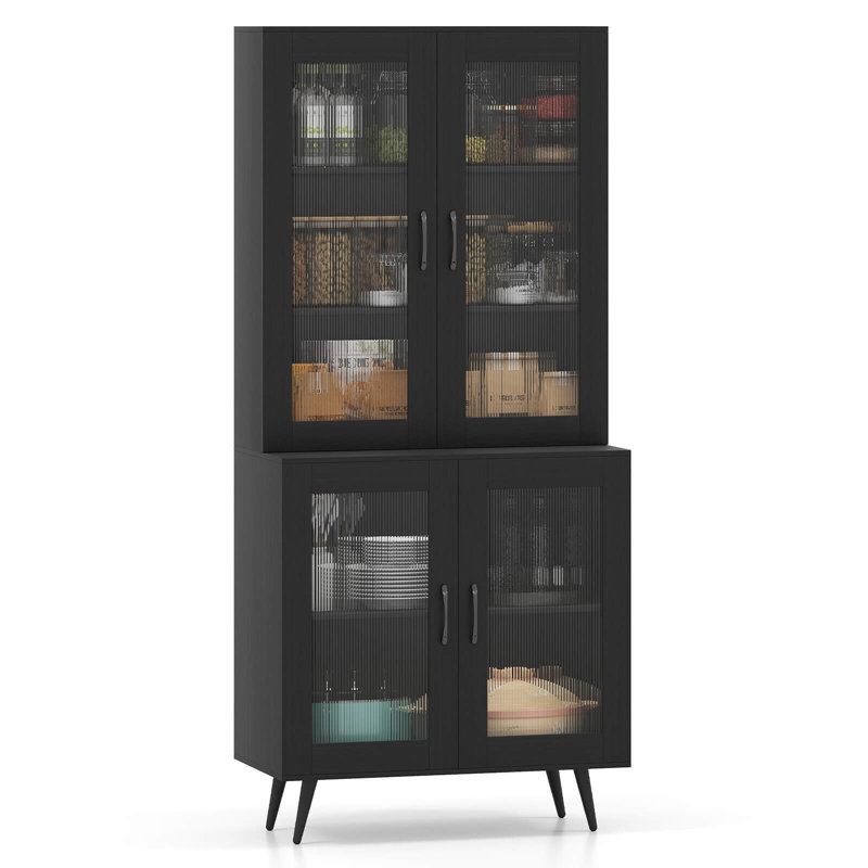 Armoire de cuisine avec portes cannelées translucides et tablette réglable, Noir