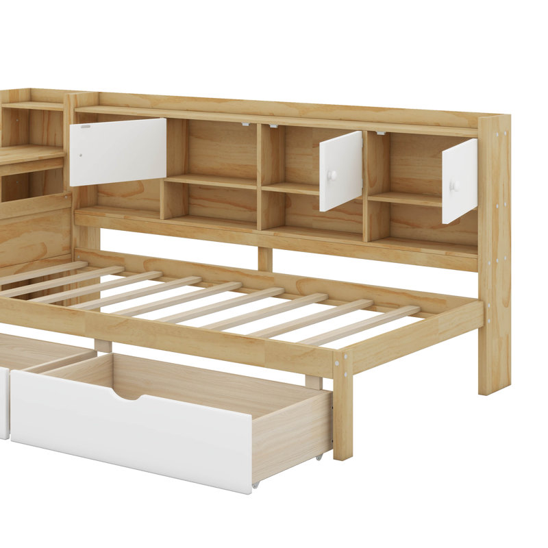 Lit de jour simple avec rangement 3 armoires et 2 tiroirs, Naturel