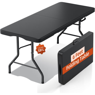 6 po. Pliable en demi-dessus de table utilitaire robuste en plastique Hdpe avec pieds en acier verrouillables, capacité de 350 lb, table d'événement intérieure et extérieure noire