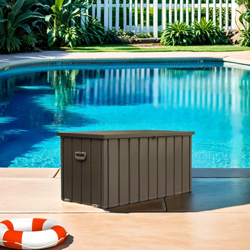 Harmony 100 Gallons Waterproof Outdoor Steel Deck Box, Patio Deck Storage Box with Wheels, Dark Brown
