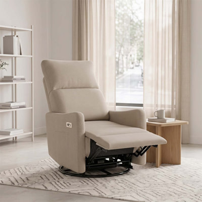 Fauteuil inclinable électrique pivotant, chaise berçante pivotante à 270 ° pour adultes, salon compact et sièges de chambre de bébé, fauteuil coulissant rembourré en tissu avec ports USB