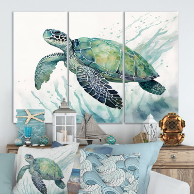 Tortue aquarelle nageant IV - 3 pièces sur toile