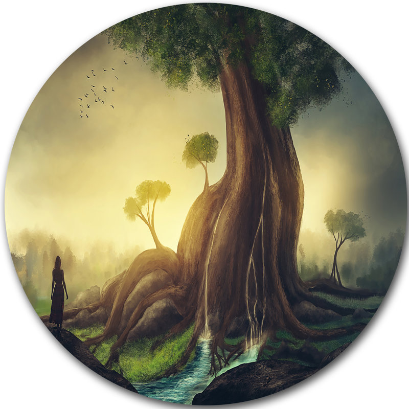 «Giant Tree with Woman», peinture, H 38 po x l 38 po x P 1 po, Métal
