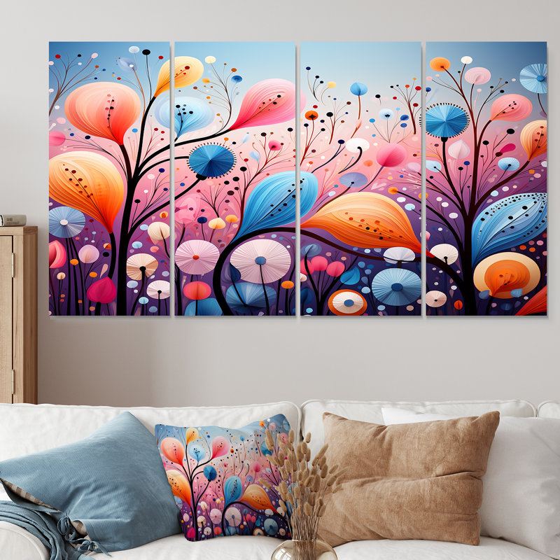 «Rose and Blue Botanical Abstracts Wonderland I», art botanique abstrait, 4 pièces, H 28 po x l 48 po