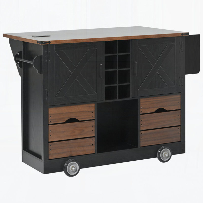 Îlot de cuisine de 54 po avec abattant, prise de courant, chariot de rangement de cuisine avec 2 portes, 2 tiroirs, îlot de cuisine sur 4 grandes roues avec support à épices