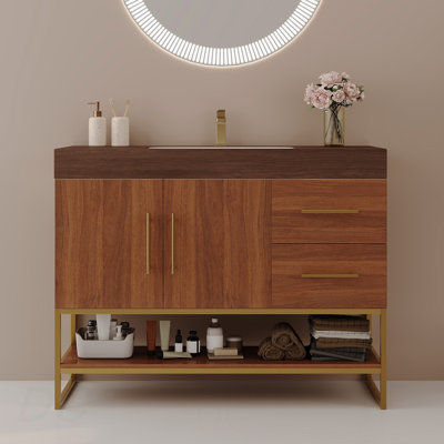 Meuble-lavabo moderne 36 po avec lavabo en céramique sans couture et armoire autoportante dorée