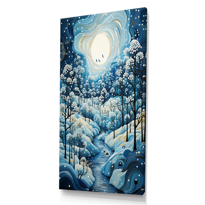 «Blue and White Path Into Winter Forest I», art mural forêt, H 60 po x l 28 po x P 1,5 po, Toile tendue